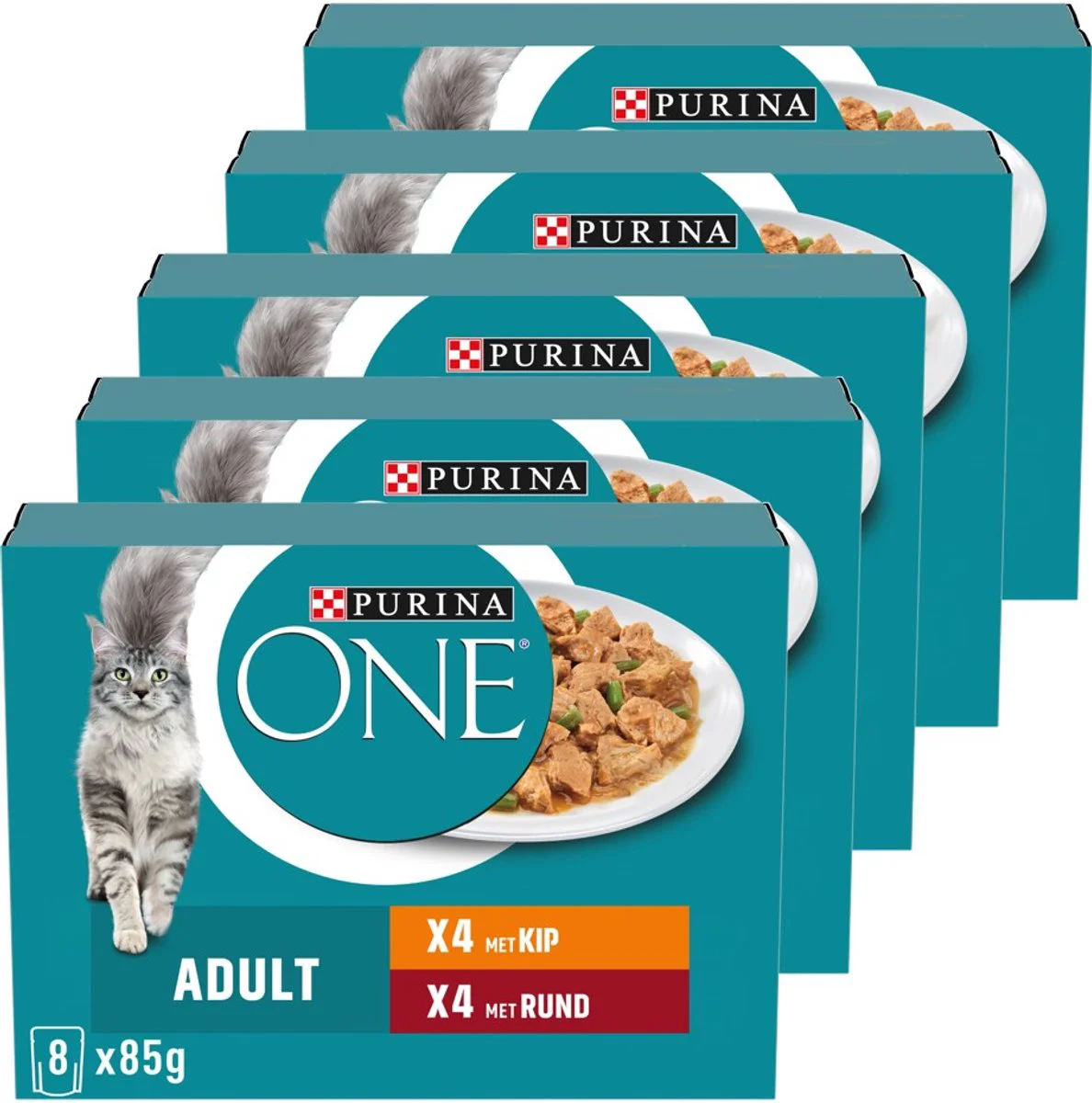 5x Purina ONE Kattenvoer Nat Fijne Malse Reepjes in Saus Kip - Rund 8 x 85 gr