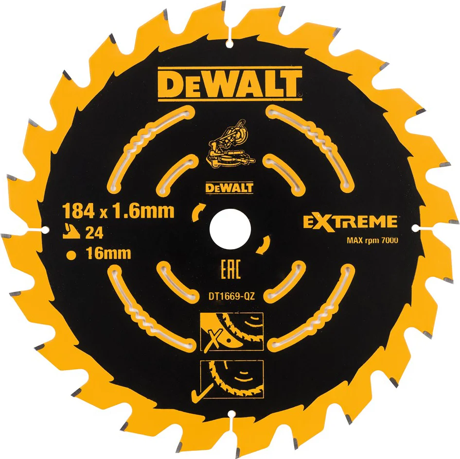 DeWALT Cirkelzaagblad voor Hout | Extreme | Ø 184mm Asgat 16mm 24T - DT1669-QZ