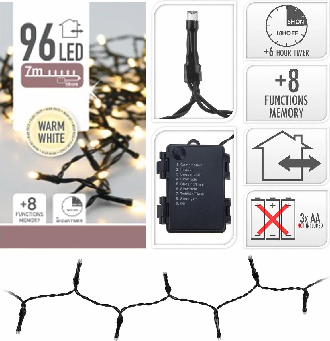 Kerstverlichting - op batterij - 96 LED lampjes - warm wit - 7 m