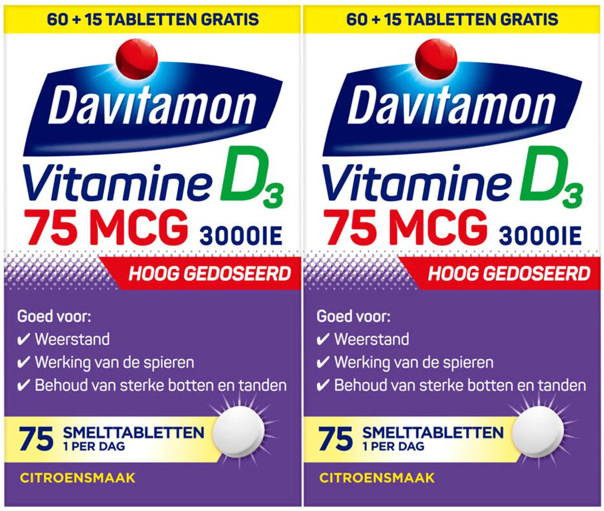 2x Davitamon Vitamine D3 75mcg Hoog Gedoseerd 75 smelttabletten