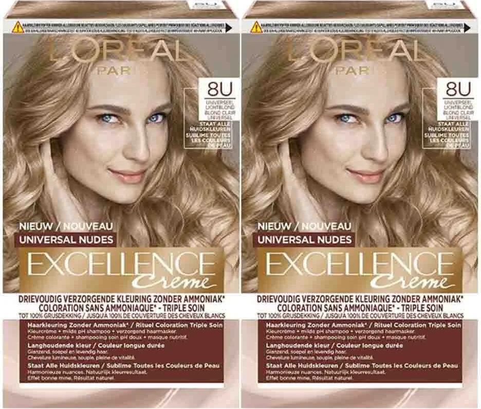 2x L'Oréal Excellence Crème Universal Nudes Permanente Haarkleuring 8U Universeel Lichtblond