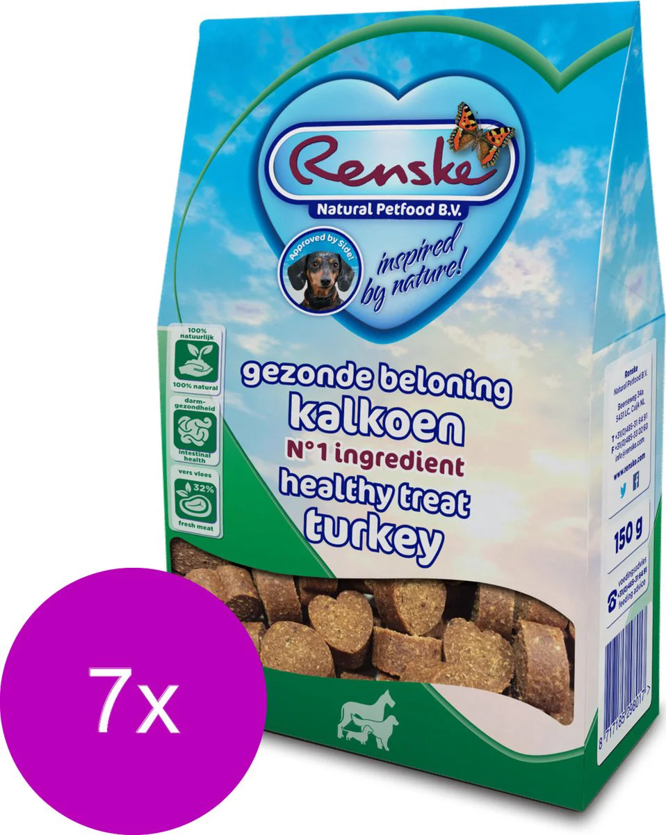 7x Renske Gezonde Beloning Hartjes Hondensnack Kalkoen 150 gr
