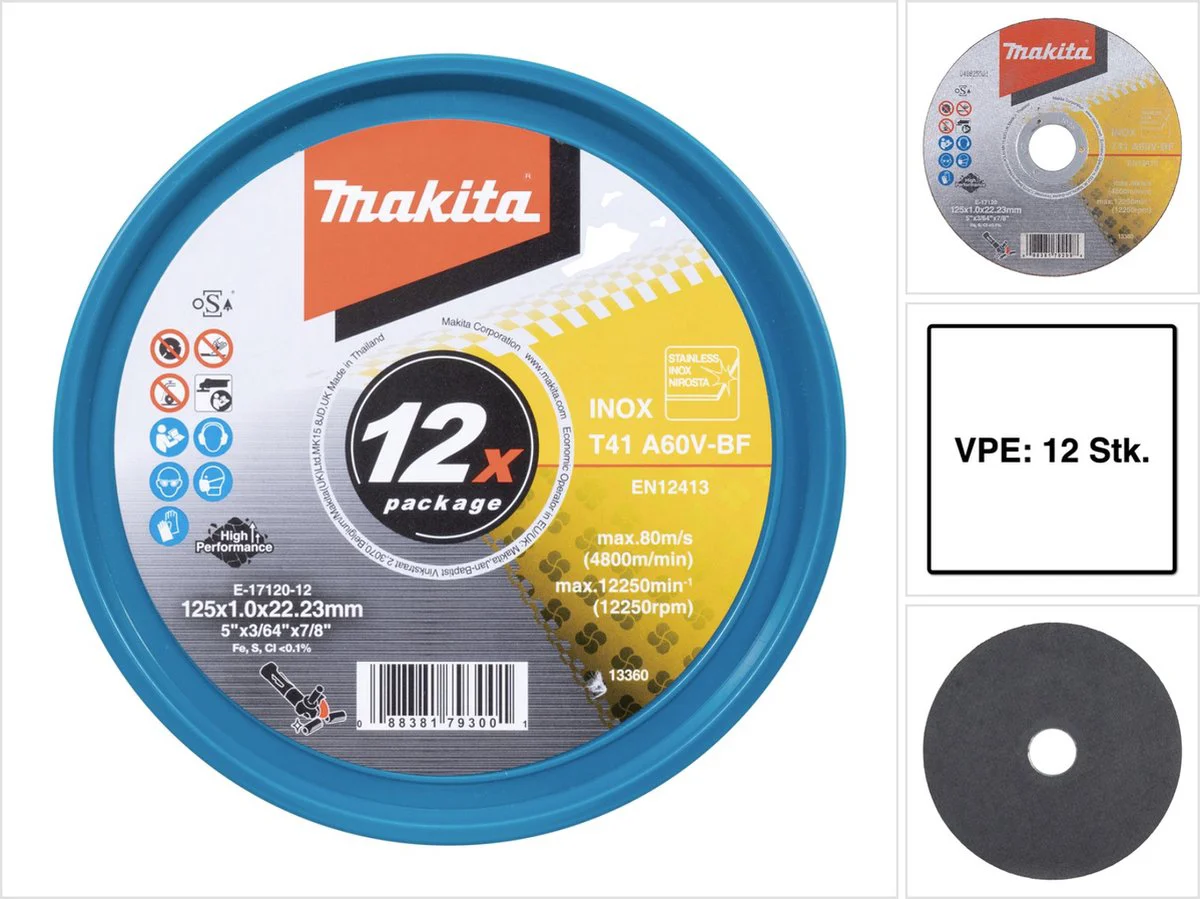 Makita E-17120-12 Doorslijpschijf RVS A60V | 125 x 22,23 x 1,0 mm | 12 stuks