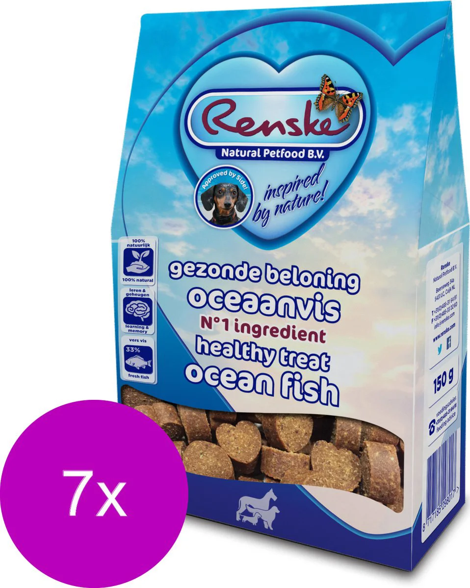 7x Renske Gezonde Beloning Hartjes Hondensnack Oceaanvis 150 gr