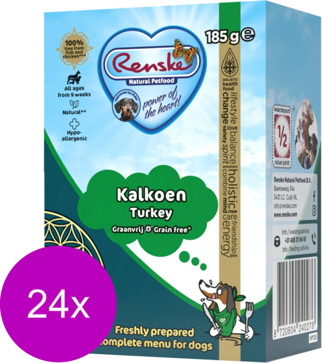 24x Renske Vers Graanvrij Tetra Hondenvoer Nat Kalkoen 185 gr