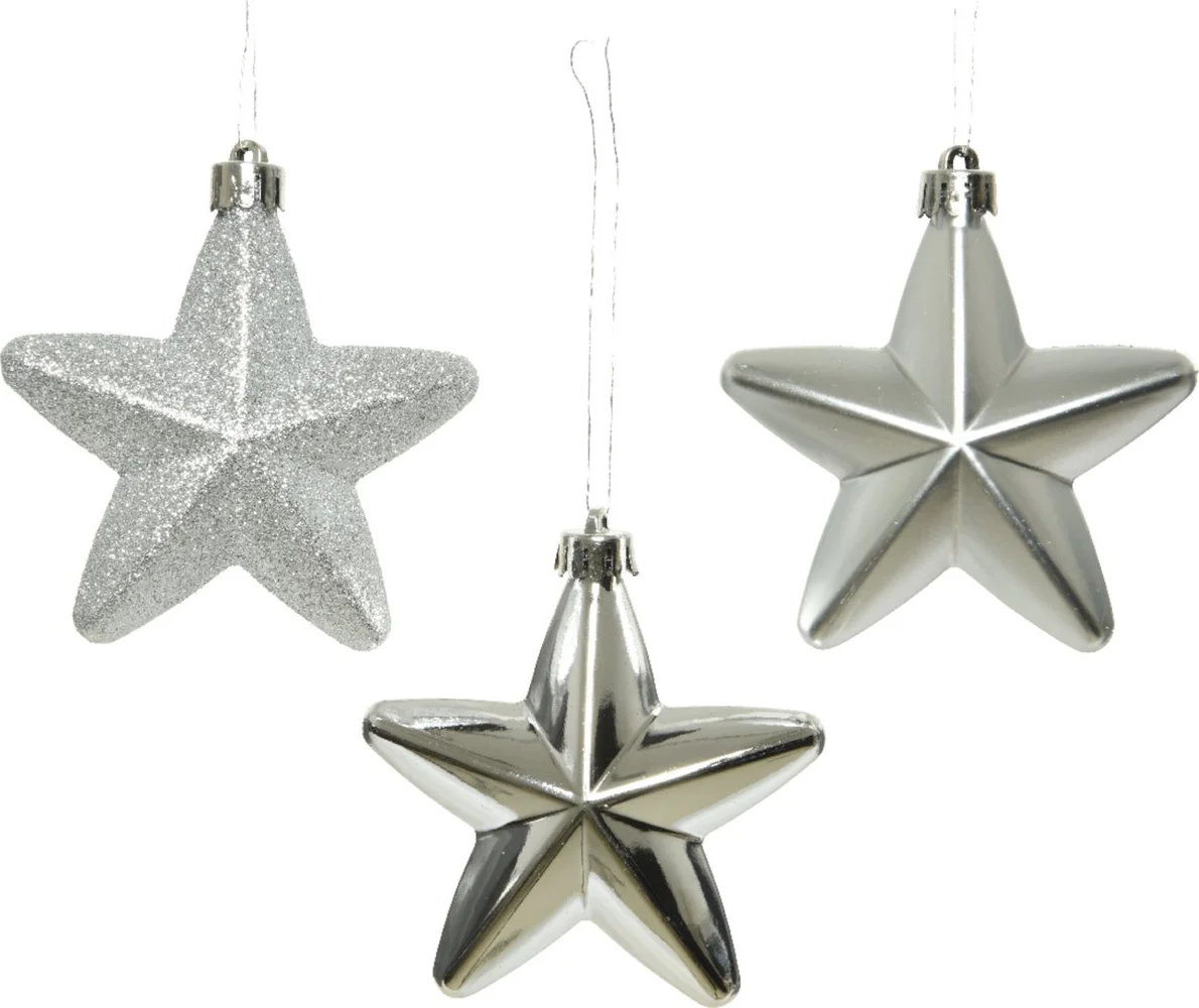 Decoris kerst ster kunststof zilver 7cm set van 6 onbreekbaar.