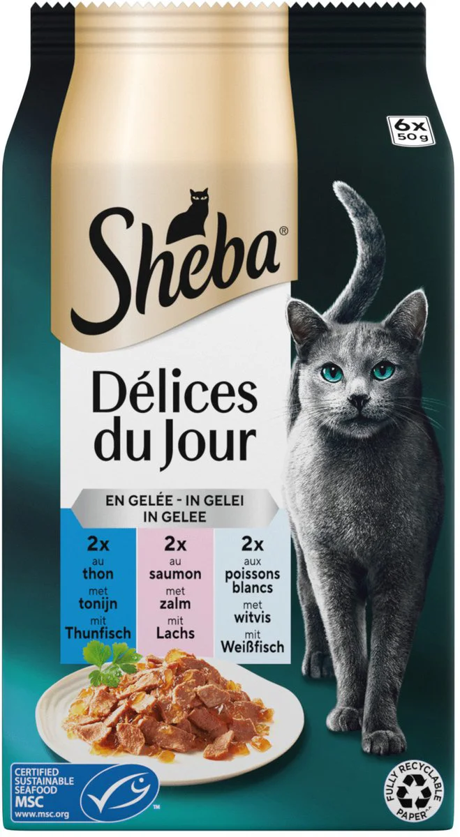 Sheba Délices Du Jour Kattenvoer Nat Selectie Maaltijdzakjes Multipack Gevogelte in Gelei 6x50 gr