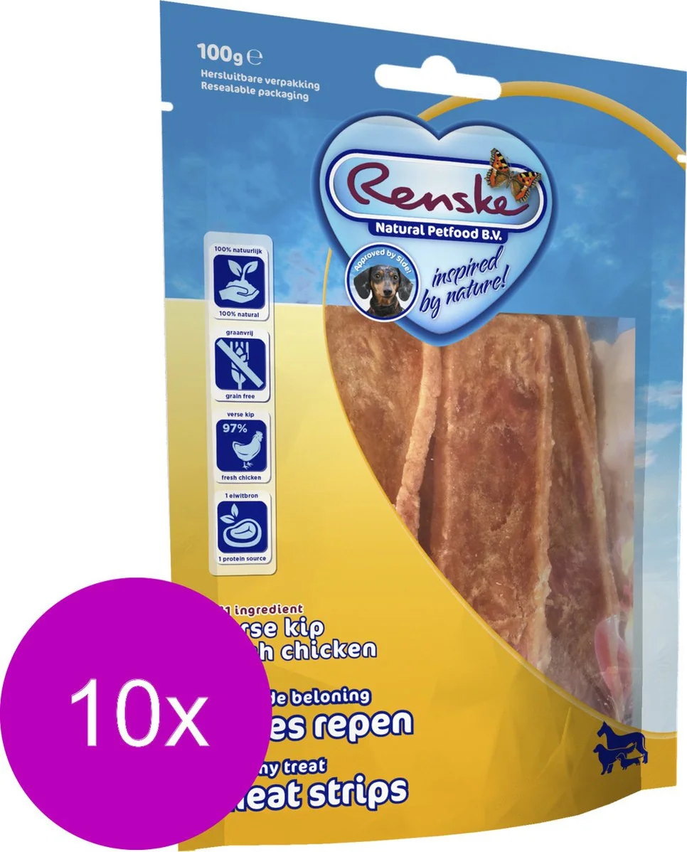 10x Renske Gezonde Beloning Vleesrepen Hondensnack Kip 100 gr