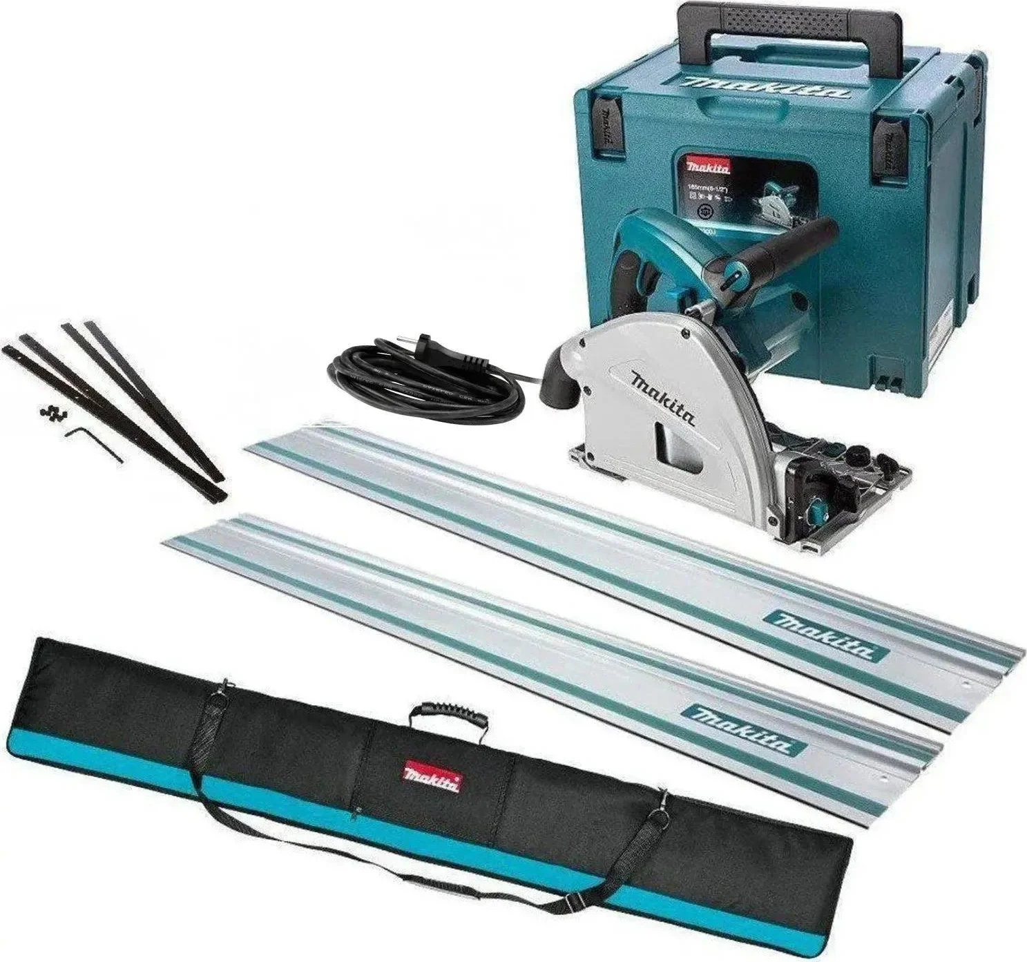 Makita SP6000J1X2 Invalcirkelzaag 230V in Mbox + 2x Geleiderail 1500mm + Foudraal + Koppelstripset