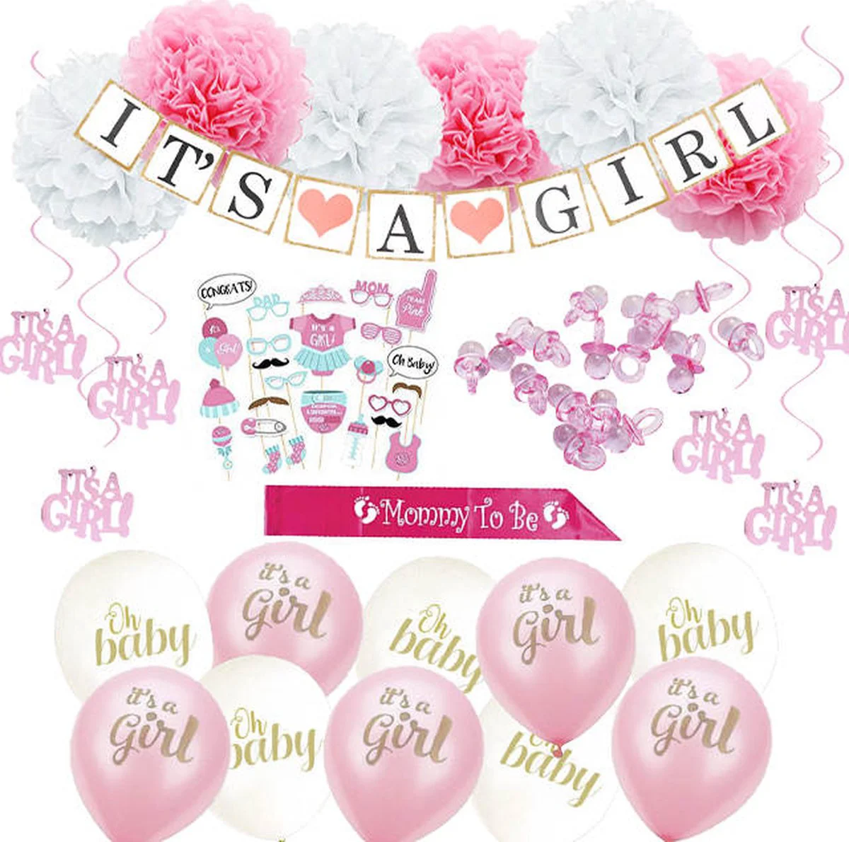 Babyshower Versiering Meisje - Babydouche baby decoratie It's a girl - Geboorte versiering Meisje - versier pakket roze - ballonnen sjerp slinger