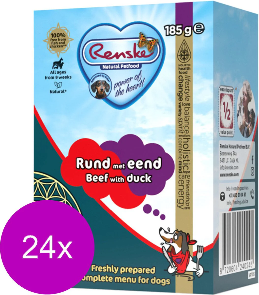 24x Renske Vers Tetra Hondenvoer Nat Rund met Eend 185 gr