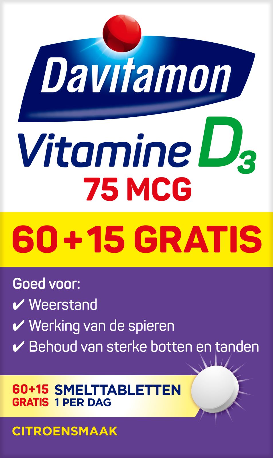 Davitamon Vitamine D3 75mcg Hoog Gedoseerd 75 smelttabletten