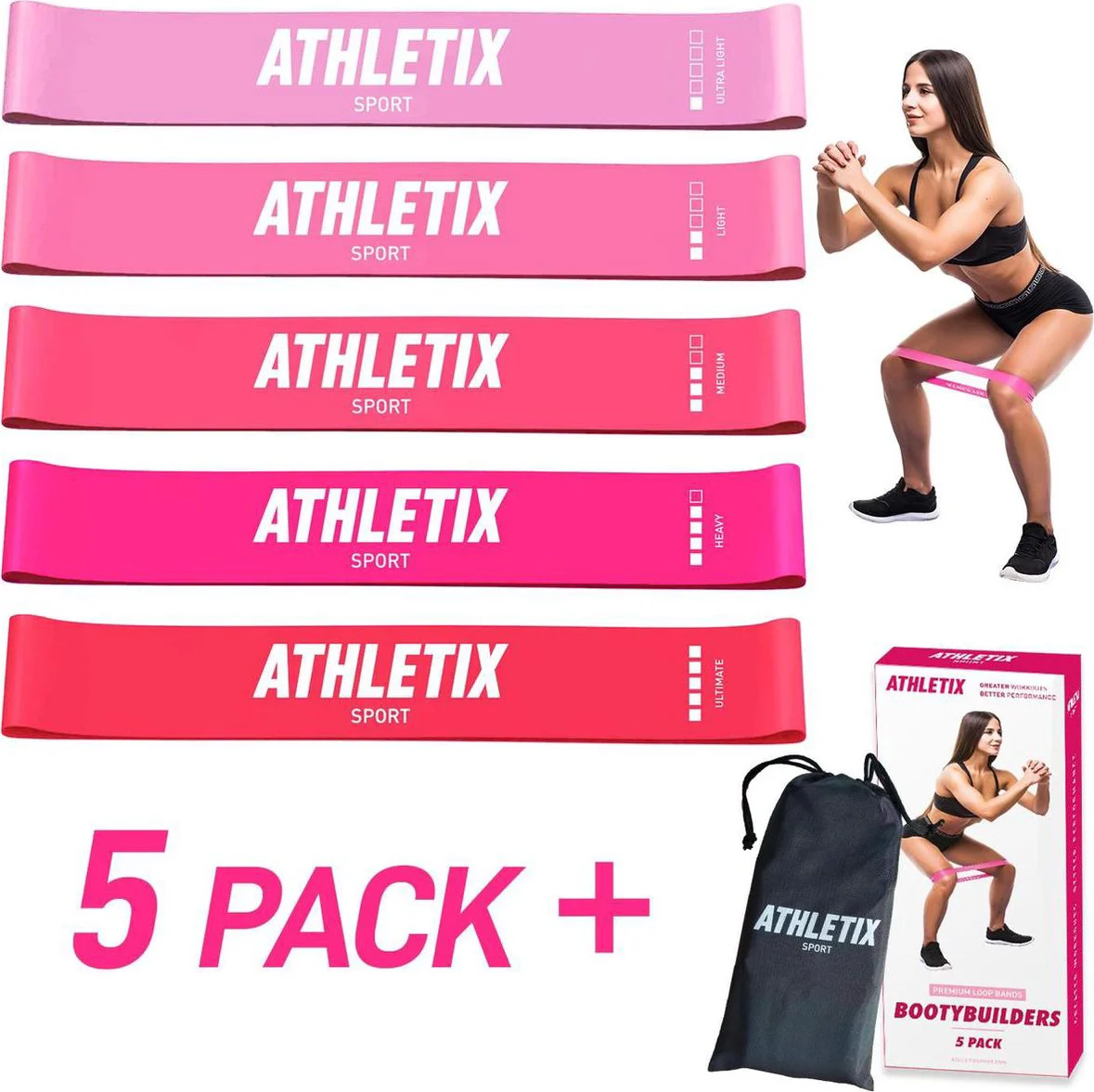 Athletix® - Weerstandsbanden Set - Booty Bands met Gratis Draagtas en Oefeningen - 5 Stuks - Roze