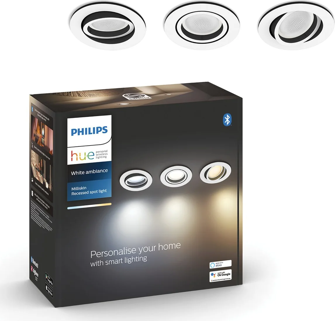 Philips Hue Milliskin inbouwspot White Ambiance - rond - Aluminium - 3-pack