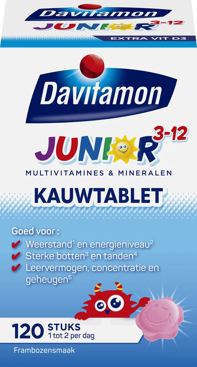 Davitamon Junior 3+ Kauwvitamines Framboos 120 kauwtabletten