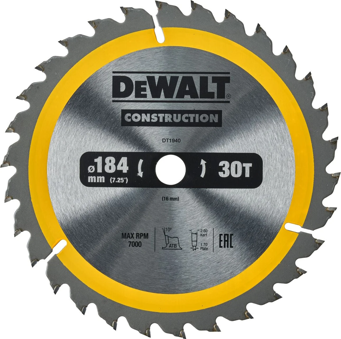 DeWALT Cirkelzaagblad voor Hout | Construction | Ø 184mm Asgat 16mm 30T - DT1940-QZ