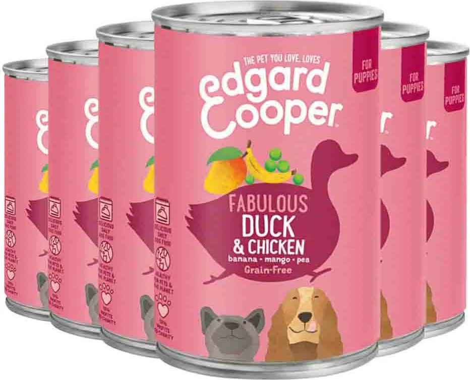 6x Edgard & Cooper Blik Vers Vlees Puppy Hondenvoer Eend - Kip 400 gr