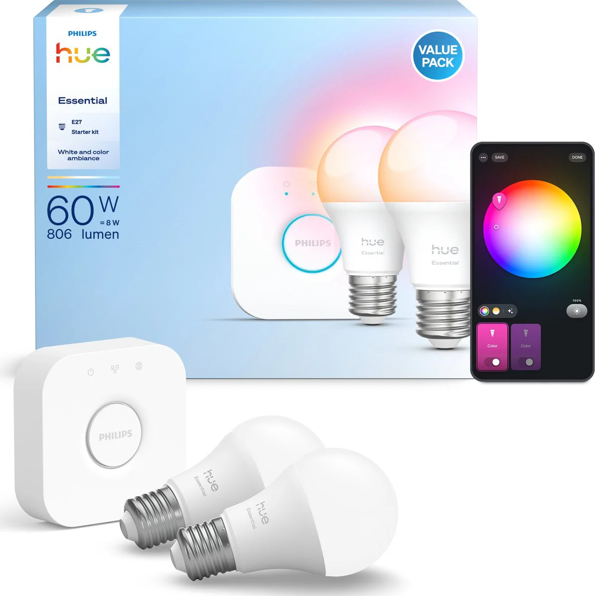 Philips Hue Essential A60 White and Color Starter Pack E27 806lm 2-pack + Bridge
