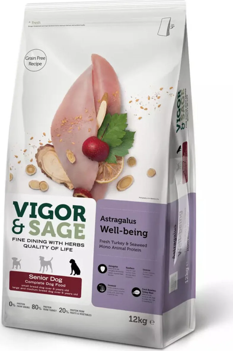 Vigor & Sage Hondenvoer Senior Well-Being Astragalus 12 kg