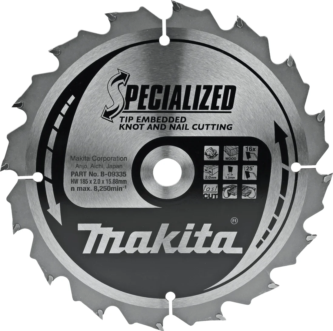 Makita B-09335 Cirkelzaagblad Hout (noest/spijker) | Embedded Tip | 185 x 15,88 mm | 16-tands