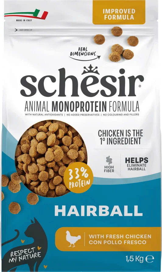 6x Schesir Monoproteïne Kattenvoer Droog Hairball Kip 1,5 kg