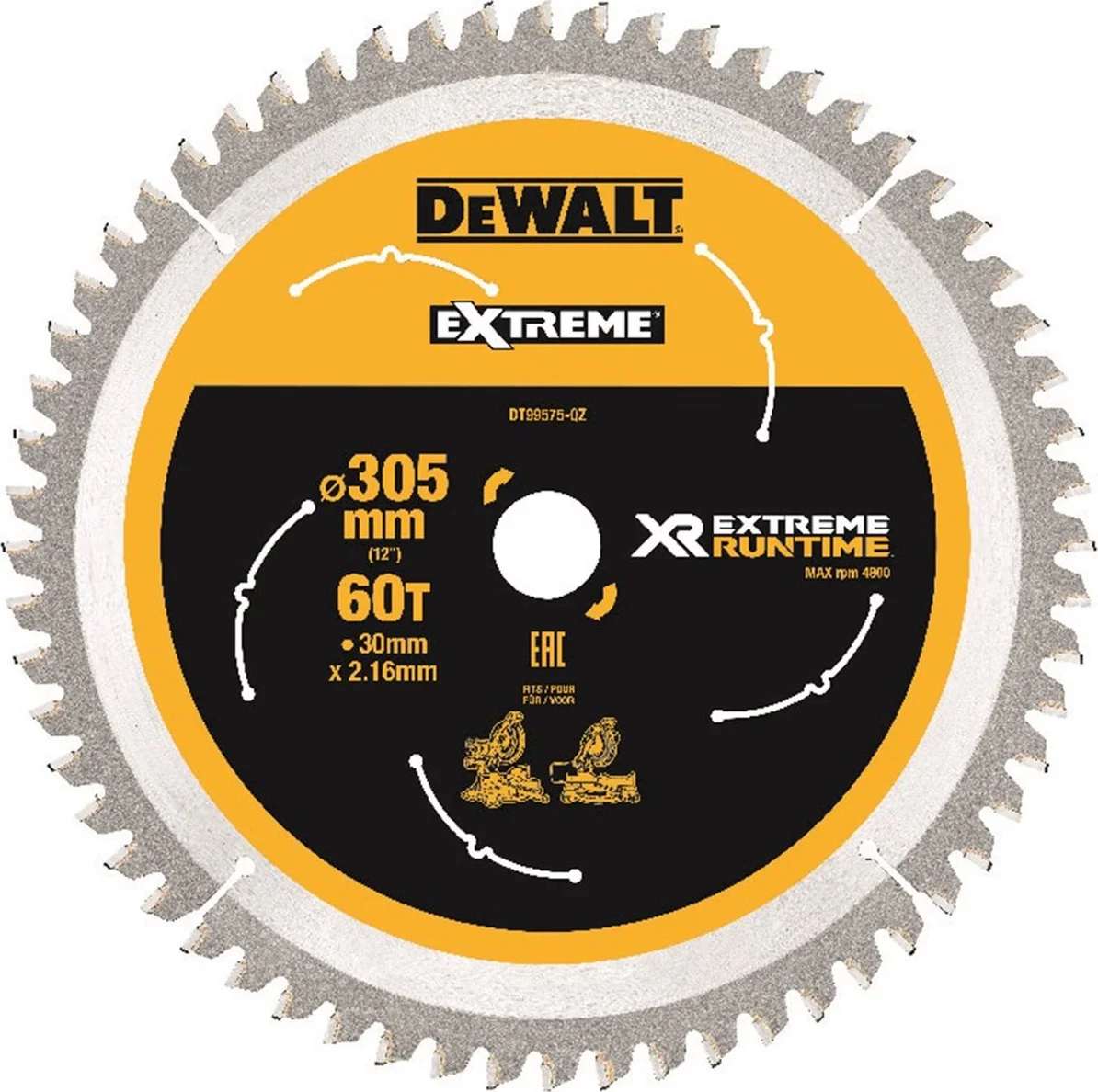 DeWALT Cirkelzaagblad voor Hout | Extreme Runtime | Ø 305mm Asgat 30mm 60T - DT99575-QZ