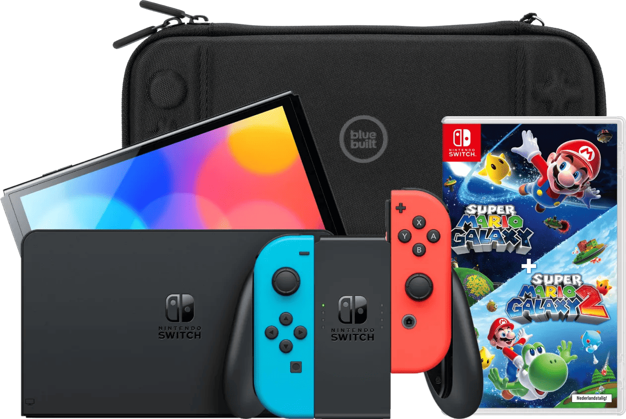 Nintendo Switch OLED Blauw/Rood + Super Mario Galaxy 1+2 + BlueBuilt Beschermhoes