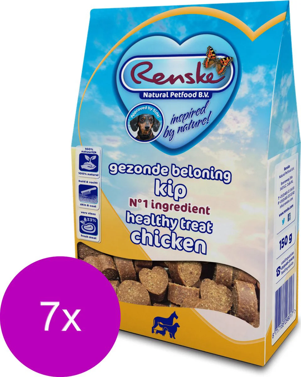7x Renske Gezonde Beloning Hartjes Hondensnack Kip 150 gr