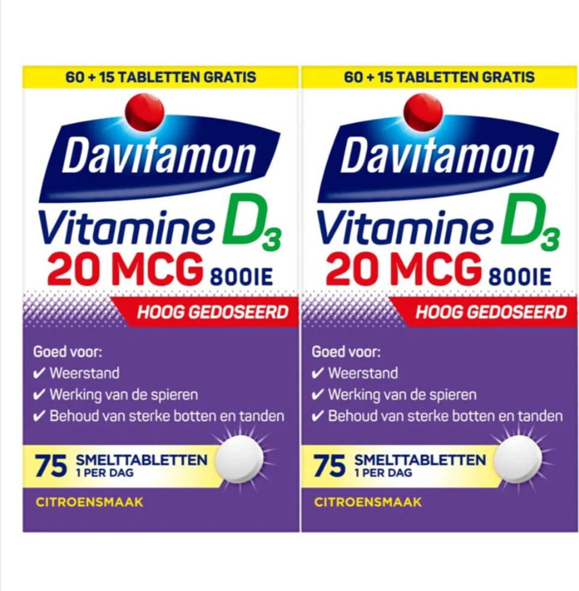 2x Davitamon Vitamine D3 20mcg Hoog Gedoseerd 75 smelttabletten