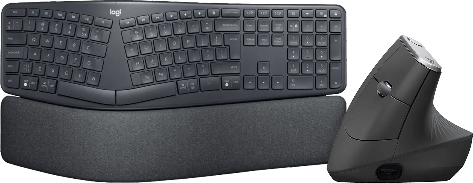 Logitech K860 + Logitech MX Vertical Ergo Muis