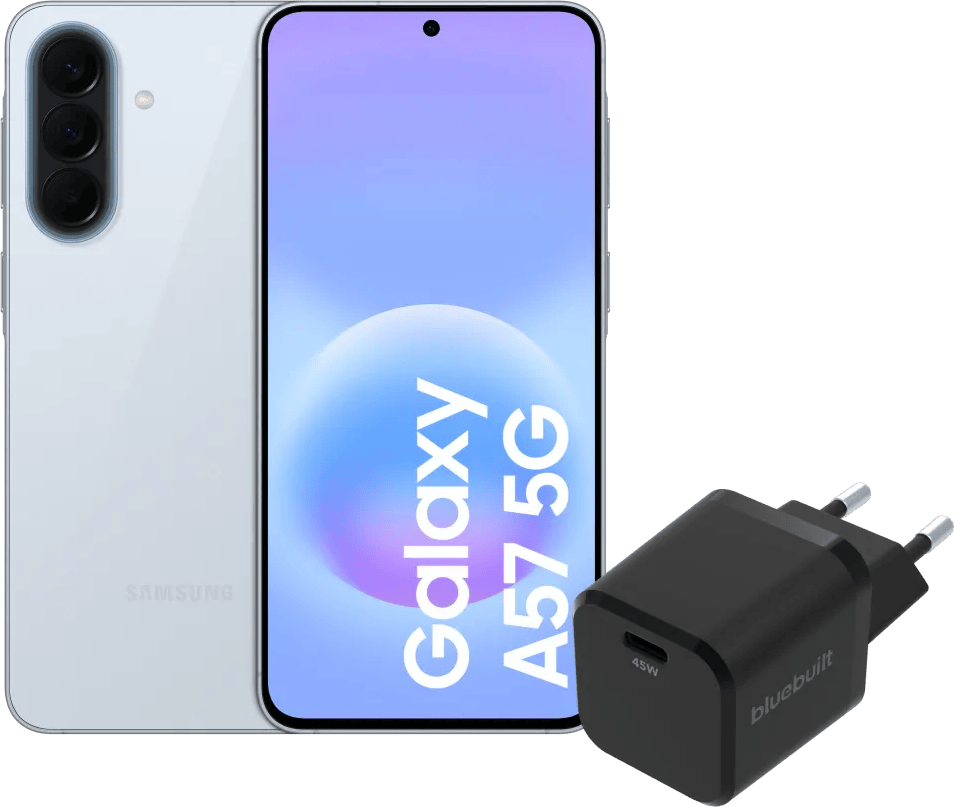 Samsung Galaxy A57 256GB Lichtblauw 5G + BlueBuilt Oplader met Usb C Poort 45W Zwart