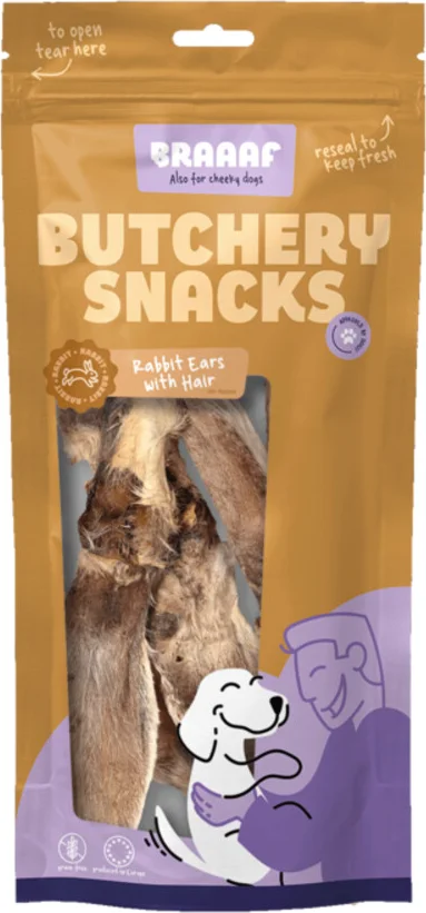 10x Braaaf Hondensnack Butchery Konijnenoren met Haar 80 gr