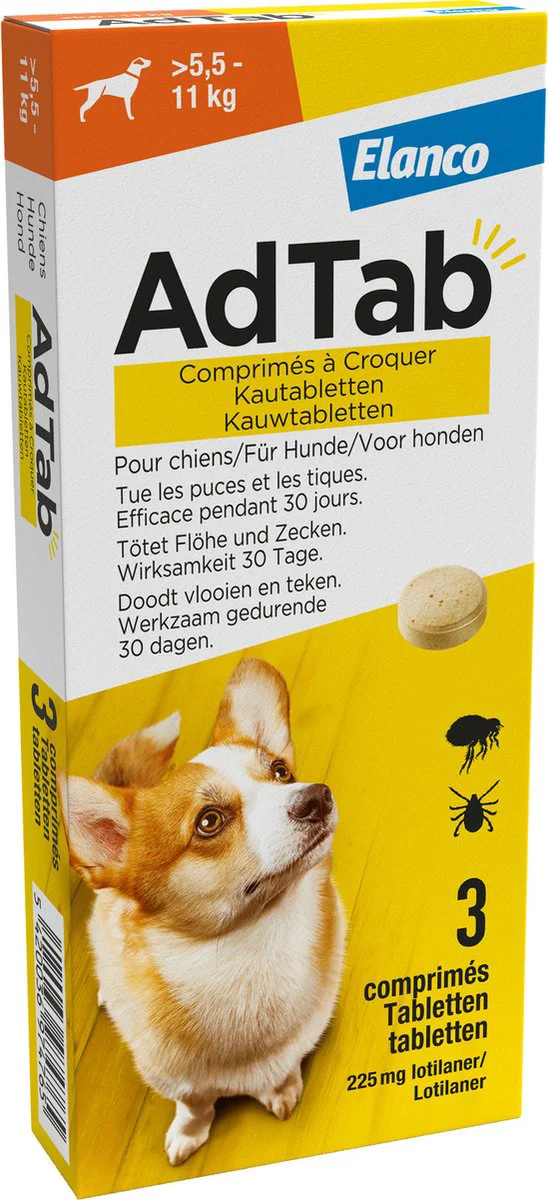 AdTab Anti Vlo en Teek Kauwtabletten Hond >5,5-11 kg 3 tabletten