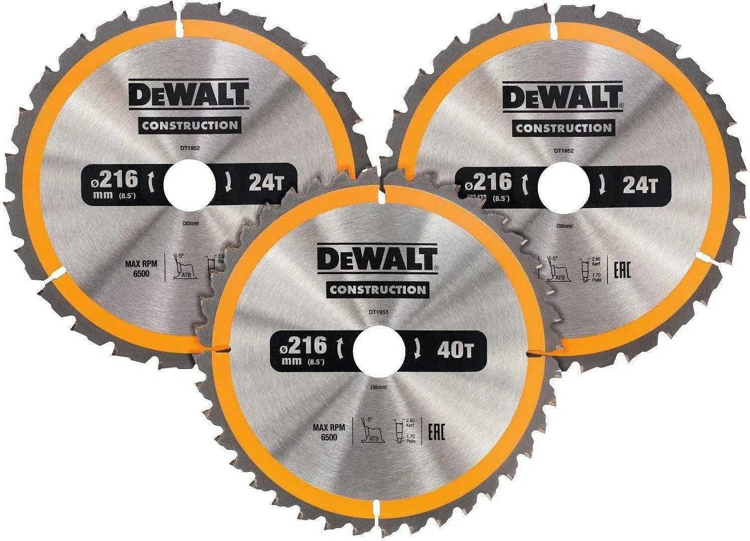 DeWALT DT1962 Cirkelzaagbladen Set 216mm (2X 24T 1X 40T)