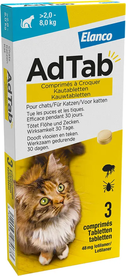AdTab Anti Vlo en Teek Kauwtabletten Kat >2,0-8,0 kg 3 tabletten