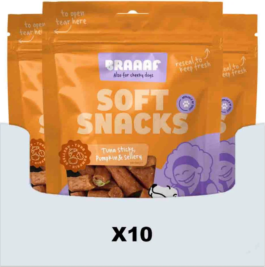 10x Braaaf Hondensnack Sticks Tonijn - Pompoen - Selderij 85 gr