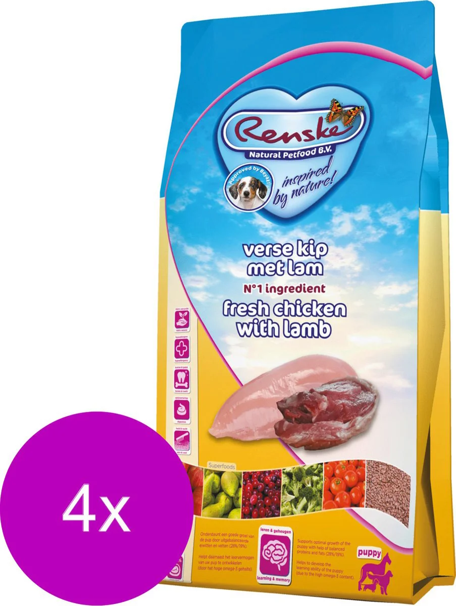 4x Renske Super Premium Puppy Hondenvoer Kip & Lam 2 kg