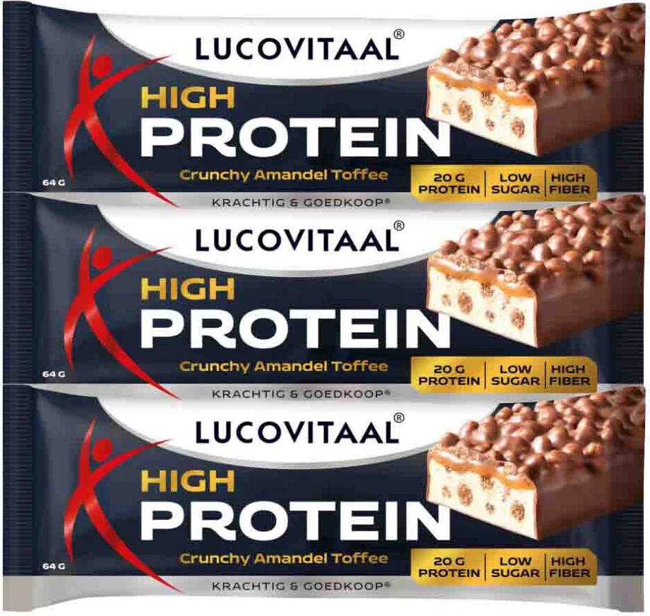 3x Lucovitaal Protein High Reep Crunchy Amandel Toffee 64 gr