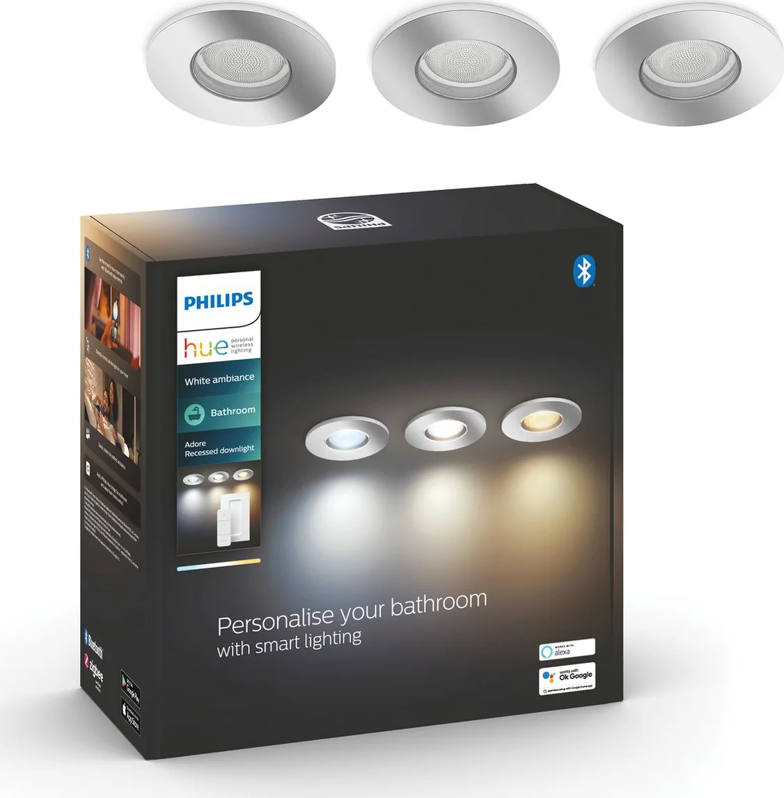 Philips Hue Adore badkamerinbouwspot White Ambiance - rond - Chroom 3-pack + dimmer