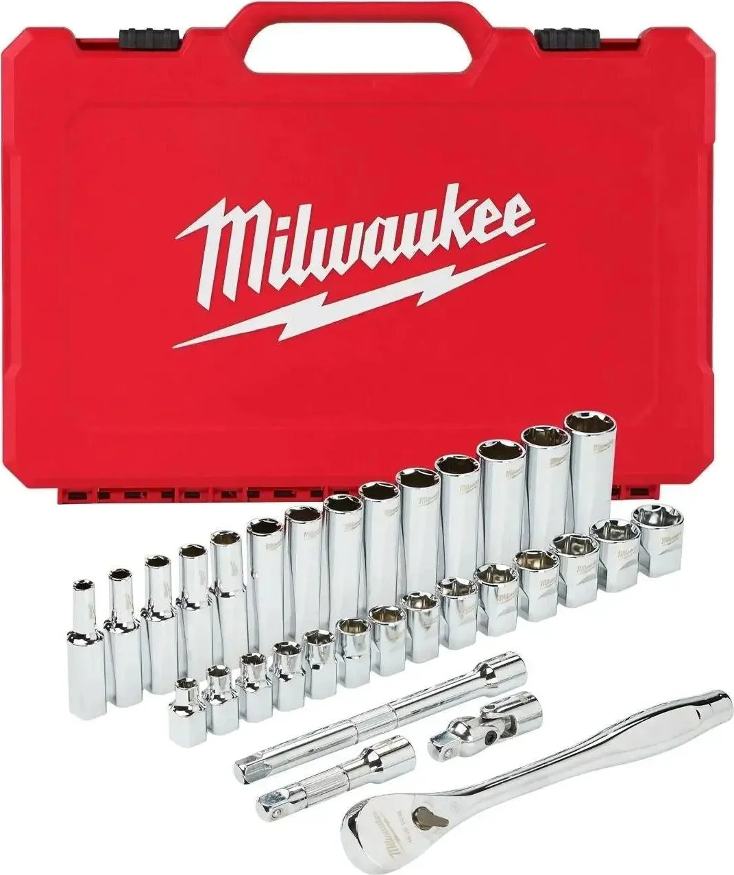 Milwaukee Ratel + doppen set 3/8 Drive 32 pc Ratchet + Socket Set Metric - 4932464945