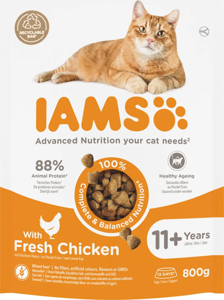 4x IAMS Cat senior 11+ Kattenvoer Chicken 800 gr