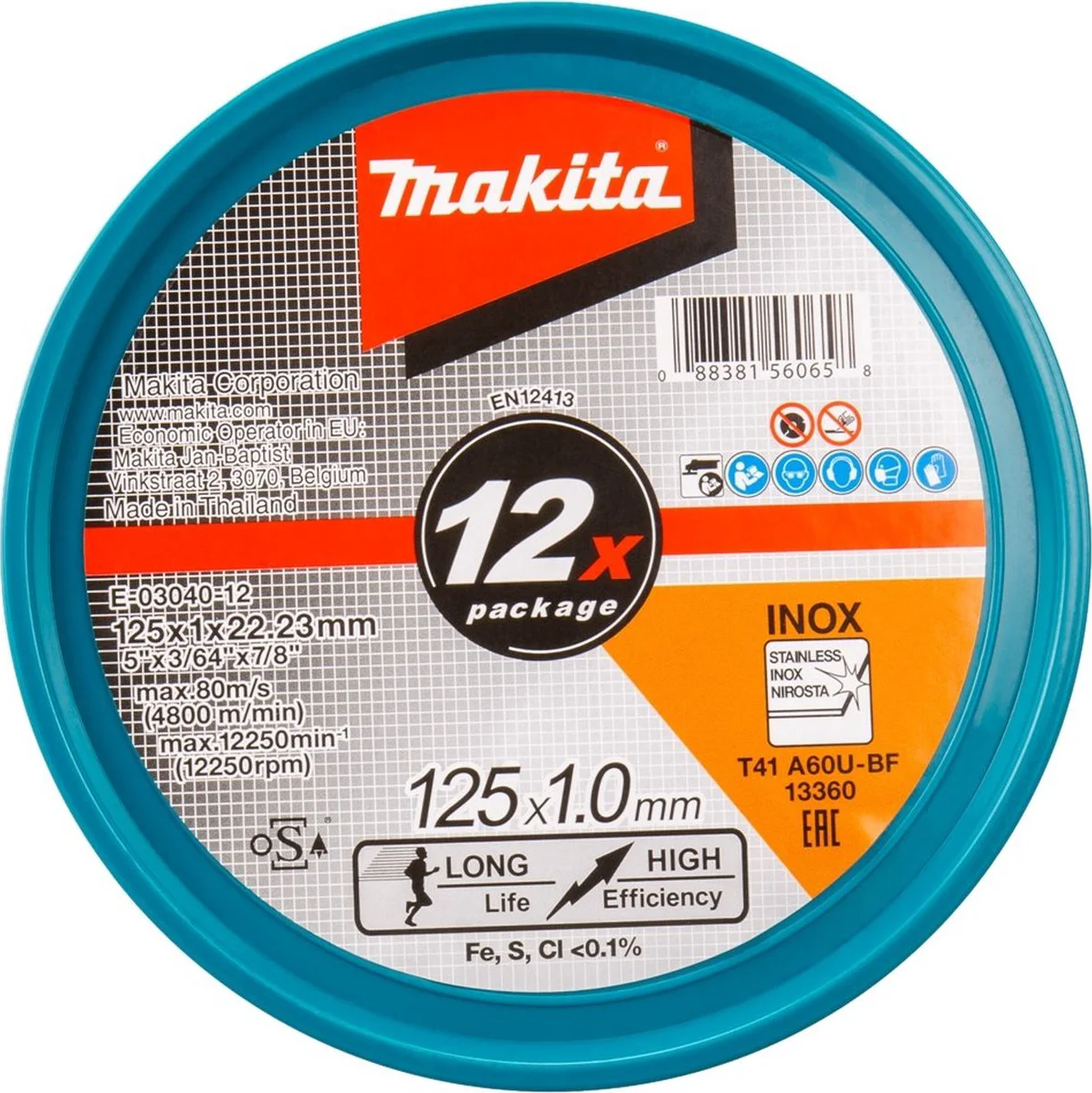Makita E-03040-12 Doorslijpschijf RVS A60U | 125 x 22,23 x 1,0 mm | 12 stuks
