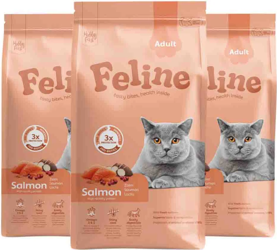 3x HobbyFirst Feline Kattenvoer Droog Adult Zalm 1,5 kg