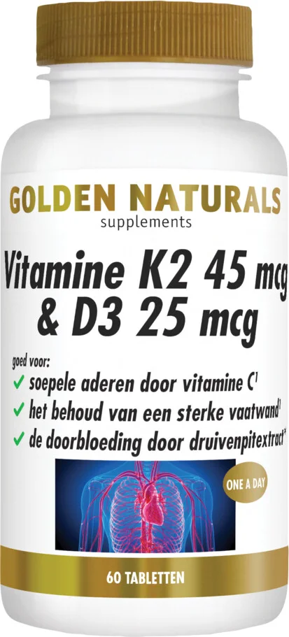 2x Golden Naturals Vitamine K2 45 mcg & D3 25mcg Vegan 60 tabletten