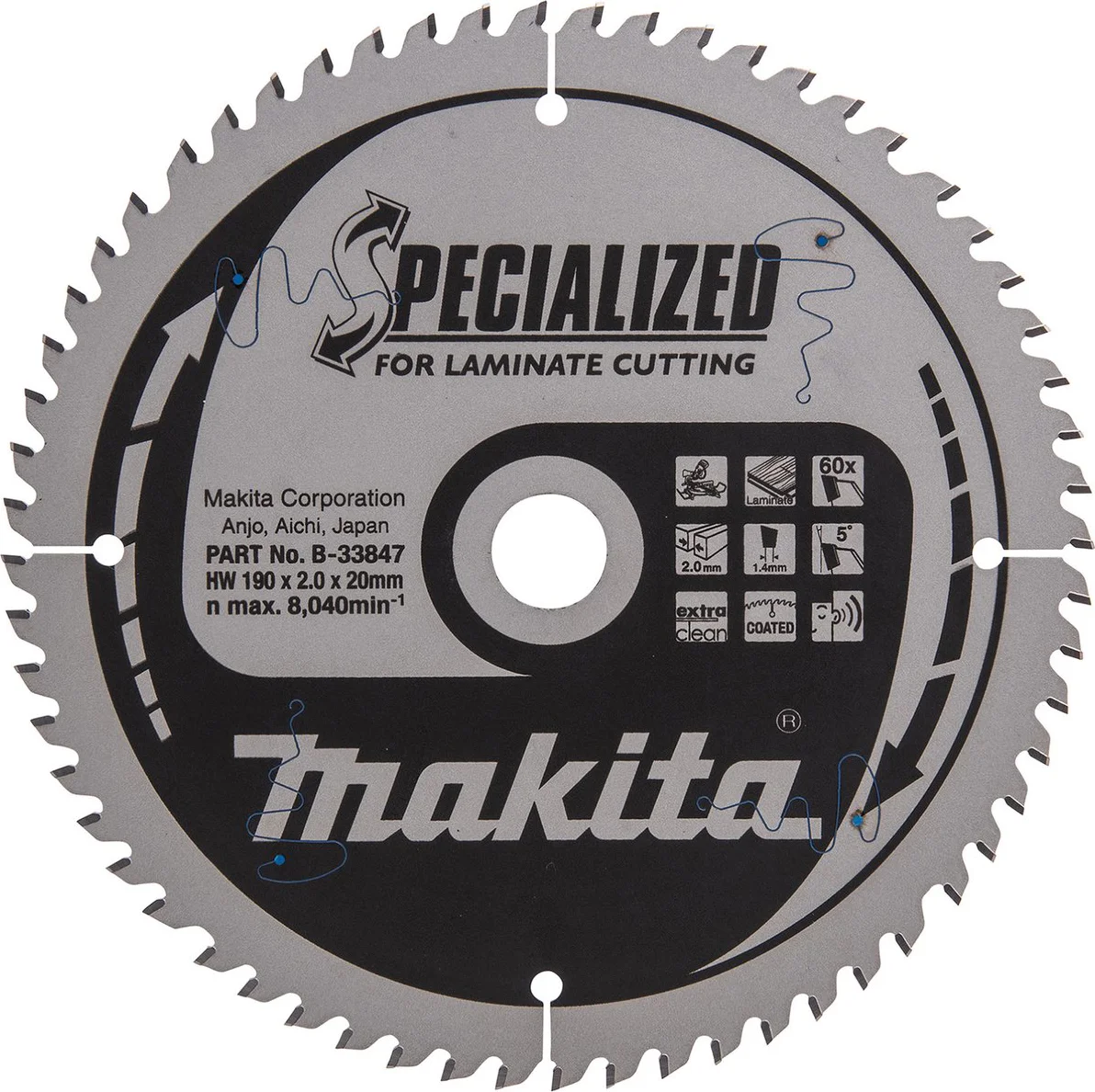Makita B-33847 Afkortzaagblad Gemelamineerd | Specialized | 190 x 20 mm | 60-tands