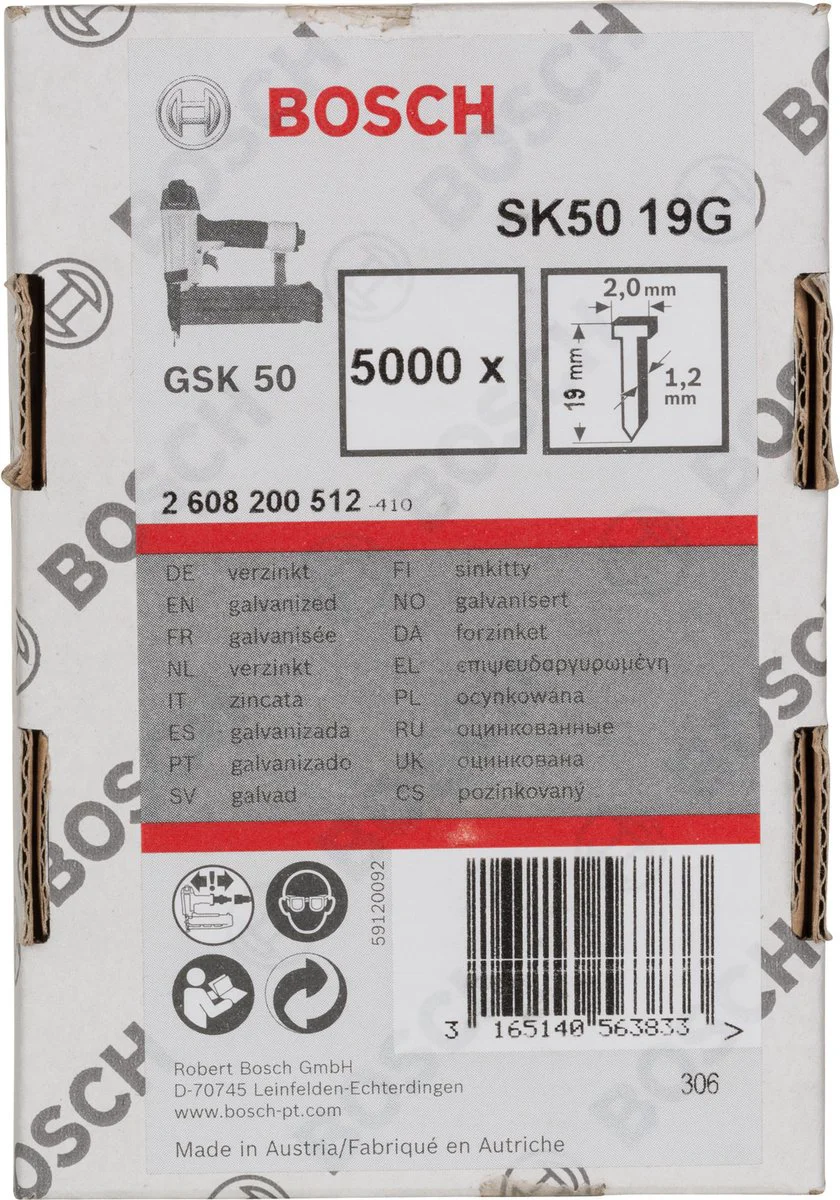 Bosch Professional PRO BN18 Bradnagels 19 mm | 18Ga | Gegalvaniseerd | 2,0 x 1,0 mm | 5000 stuks - 2608200512