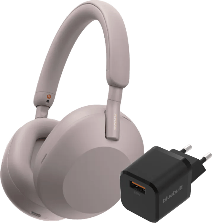 Sony WH-1000XM5 Roze + BlueBuilt Quick Charge Oplader met Usb A Poort 18W Zwart