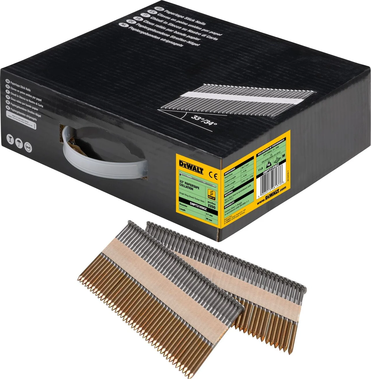 DeWALT DNPT31R90Z 33º Papiergebonden Spijkers 3.1x90mm Helder / Geringd VE=2200