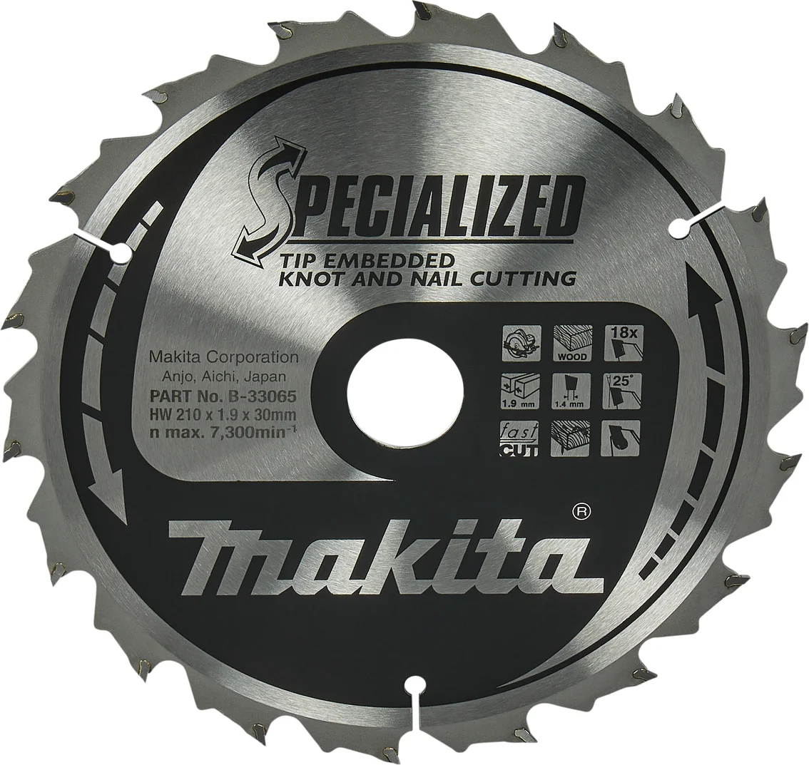 Makita B-33065 Cirkelzaagblad Hout (noest/spijker) | Embedded Tip | 210 x 30 mm | 18-tands