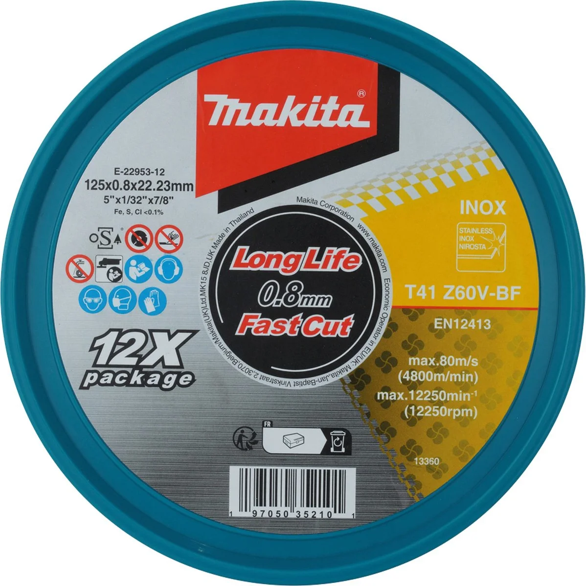 Makita E-22953-12 Doorslijpschijf RVS | 125 x 22,23 x 0,8 mm | 12 stuks